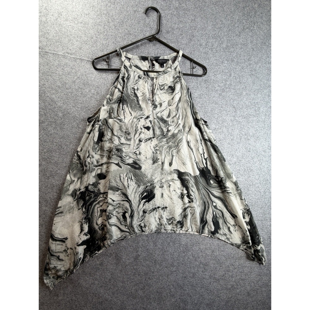 Vertigo Collection Womens L 100% Silk Abstract Print Blouse Sharkbite Hem Artsy